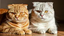 a pair of scottish folds laying down and facing the camera