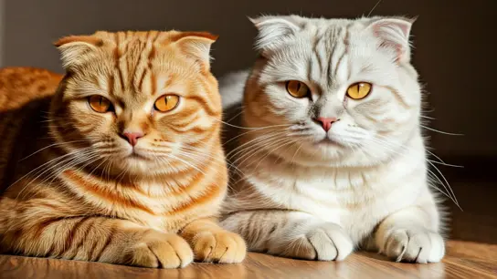 a pair of scottish folds laying down and facing the camera