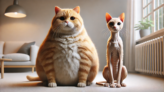 Diet:a very fat cat alongside a very skinny cat