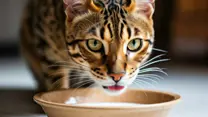 ai rendition of white cat drinking milk from a bowl