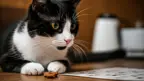 black and white cat laying on table staring at cat treat