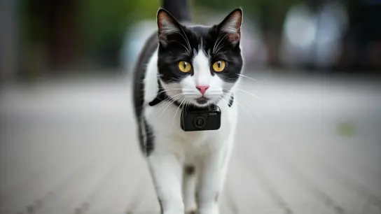 black-and-white-cat-with-camera-on-collar-walking-on-sidewalk