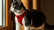 black and white cat with red harness looking through a window