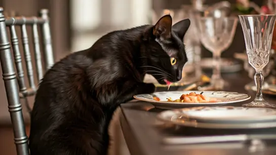 black cat sitting on chair in fancy dining setting eating gourmet cat food