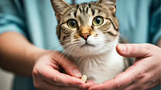 cat about to be pilled by a veterinarian