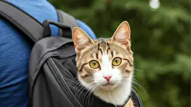 cat poking head out of a black backpack