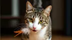 cat standing with feathered toy in its mouth