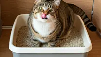 chubby cat with tongue sticking out standing in litterbox