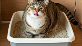 chubby cat with tongue sticking out standing in litterbox