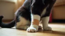 close up of a cats right paw with a bandage on the lower leg