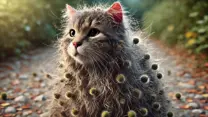 exaggerated picture of poor cat covered with burrs