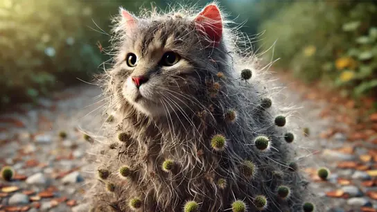 exaggerated picture of poor cat covered with burrs