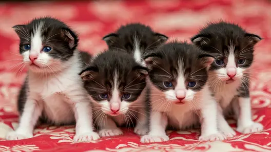 Kitten Care:five black and white kittens posing on a bed spread