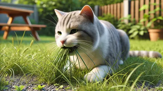 Behavior:light fur cat tugging and eating grass in back yard