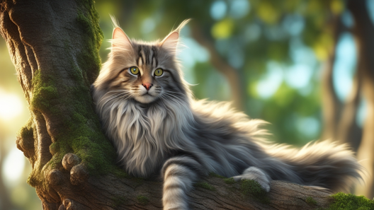 Cat Breeds:image of a main coon cat relaxing on a tree branch