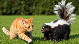 orange striped cat encounter with a skunk on the grass