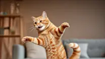 orange striped cat exhibiting the crazies standing with paws outstretched