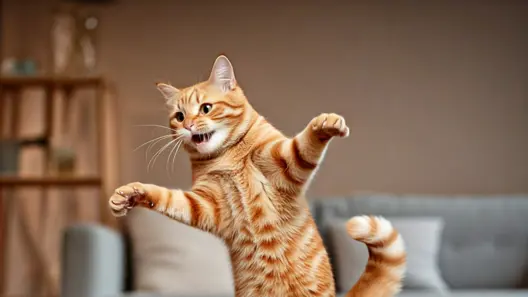 Behavior:orange striped cat exhibiting the crazies standing with paws outstretched