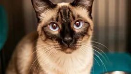 siamese cat in animal shelter cage facing camera