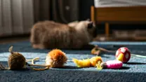 siamese cat laying down on rug with cat toys in the foreground