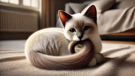 siamese kitten chewing on its tail in bedroom