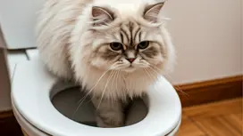 small white cat with thick fur on toilet seat with paw extended into bowl