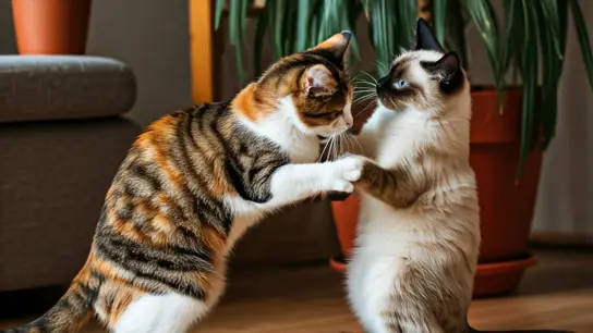 two domestic cats engaging in a dispute in a den