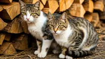 photo of two feral tabby cats by a woodpile