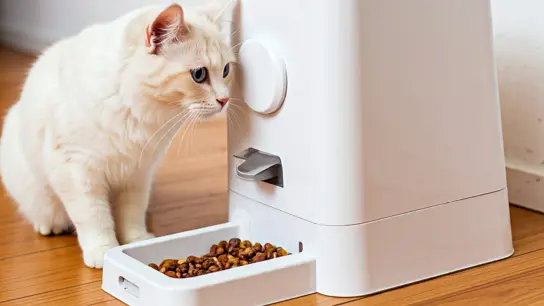 white cat in front of an automated cat feeder