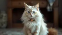 white persian cat looking at camera with blue eyes