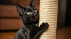 young black cat scratching on a scratch post