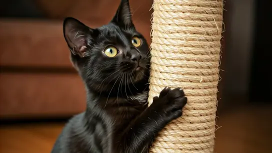 young black cat scratching on a scratch post